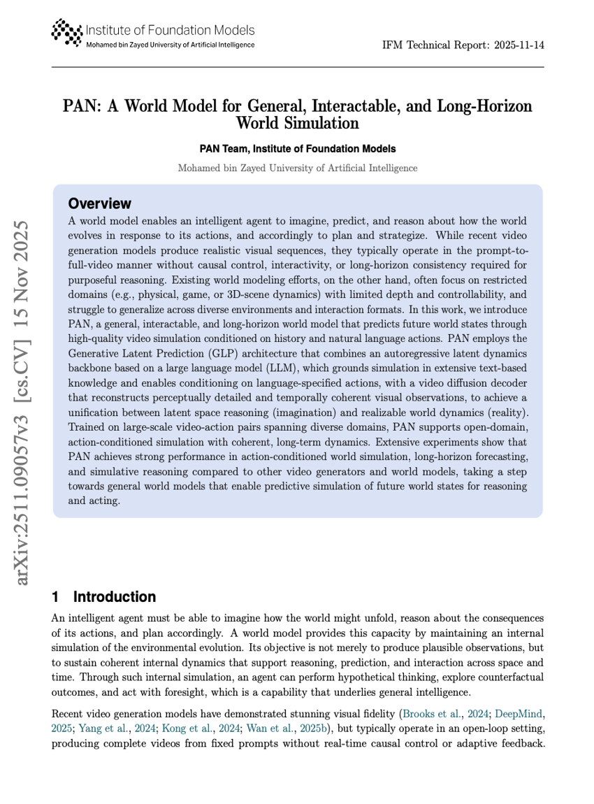 PAN：一种通用、可交互且长时程世界模拟的世界模型
