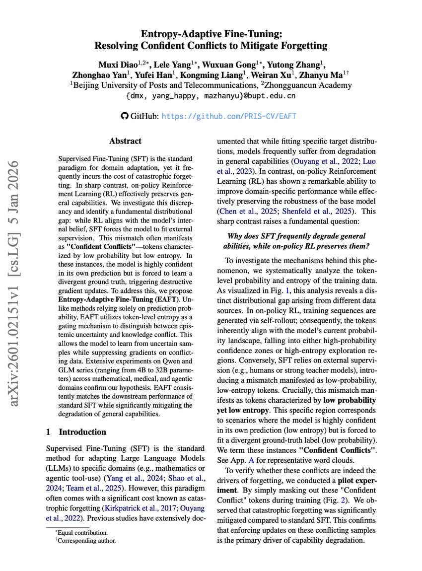 Entropy-Adaptive Fine-Tuning: Resolving Confident Conflicts to Mitigate Forgetting