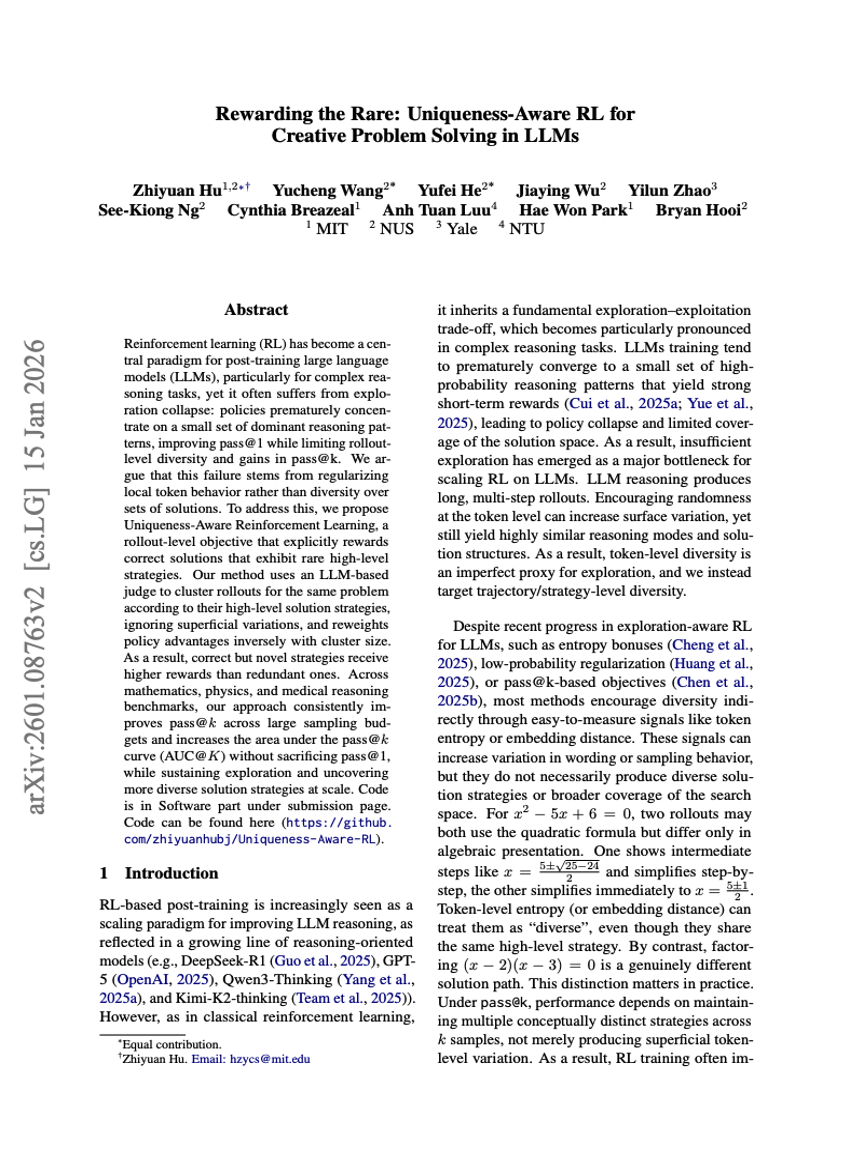 Belohnung des Seltenen: Uniqueness-Aware RL für kreative Problemlösung in LLMs