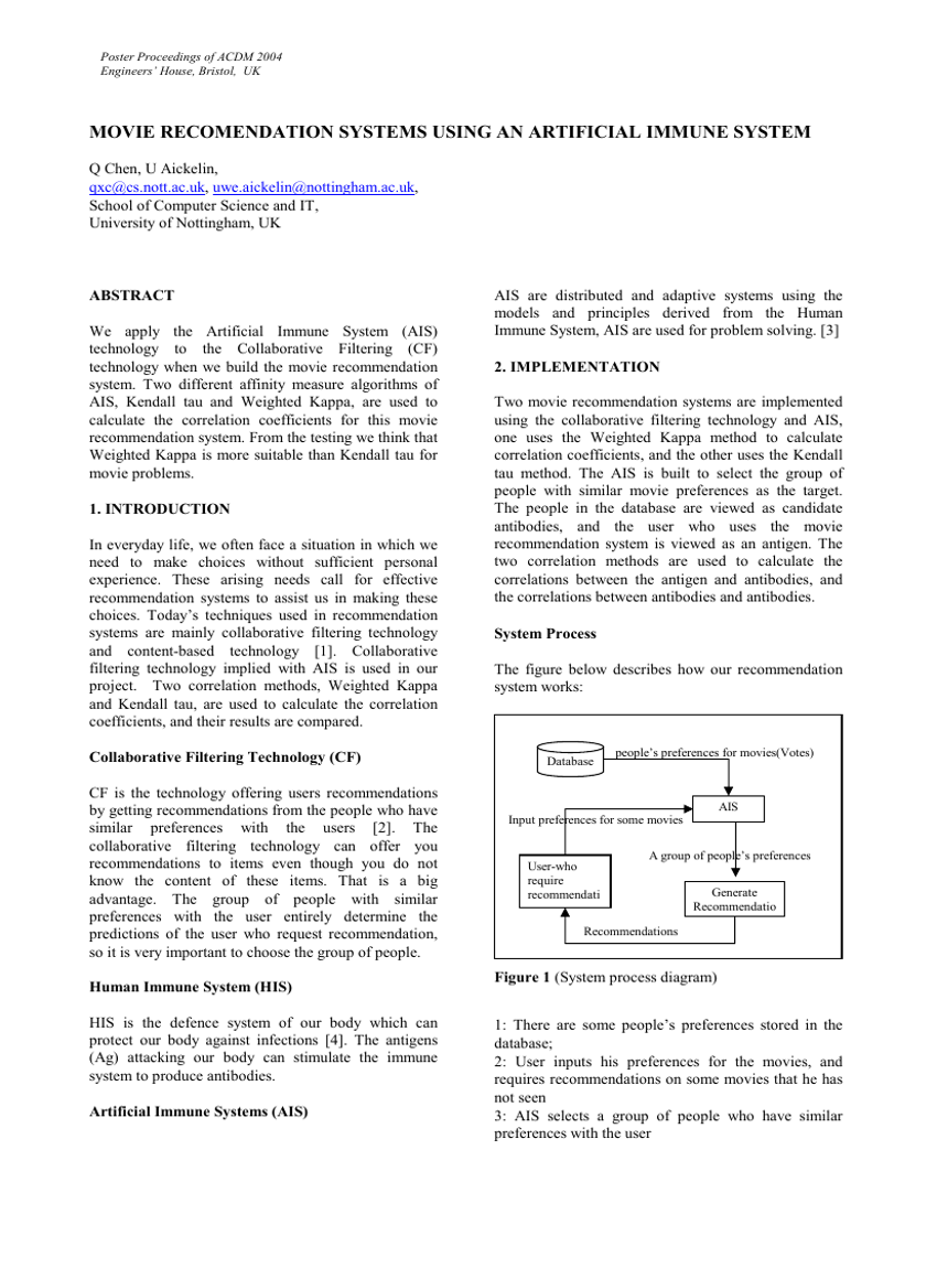MOVIE RECOMMENDATION SYSTEMS USING AN ARTIFICIAL IMMUNE SYSTEM