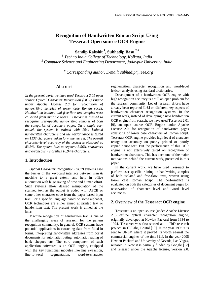 Recognition of Handwritten Roman Script Using Tesseract Open Source OCR Engine