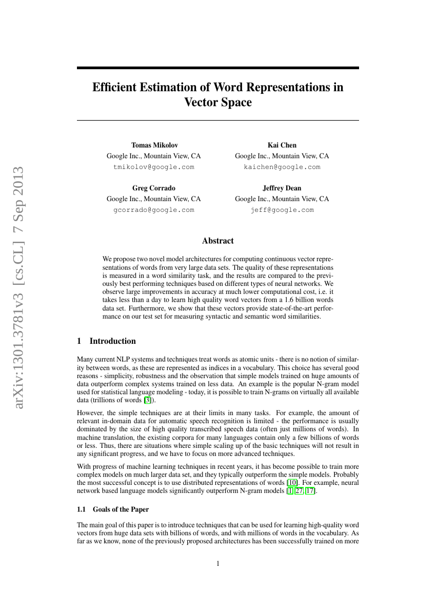 Efficient Estimation of Word Representations in Vector Space