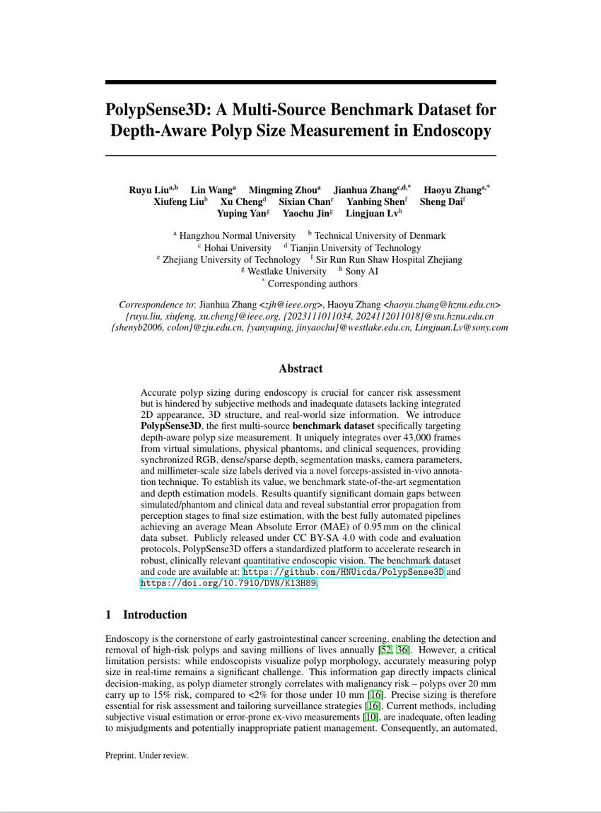 PolypSense3D: Ein Benchmark-Datensatz mit mehreren Quellen für die tiefenbewusste Messung der Polypengröße in der Endoskopie