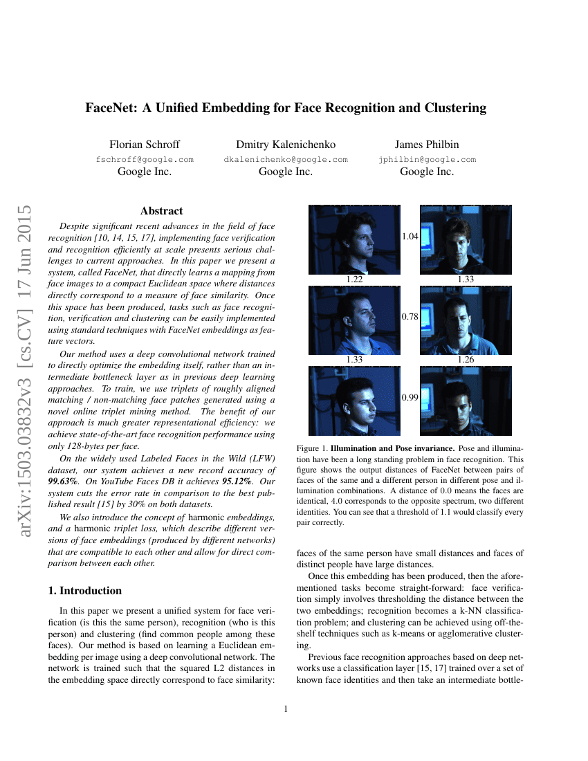 FaceNet:用于人脸识别与聚类的统一嵌入