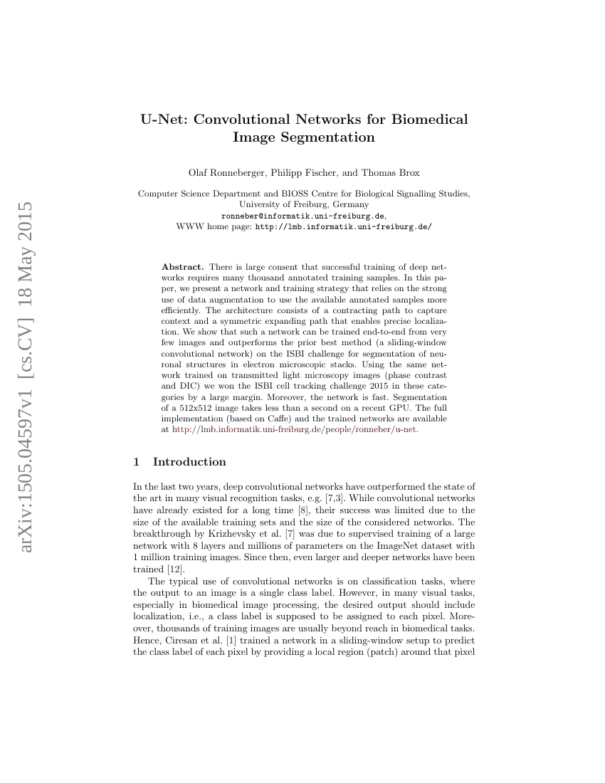 U-Net：用于生物医学图像分割的卷积网络