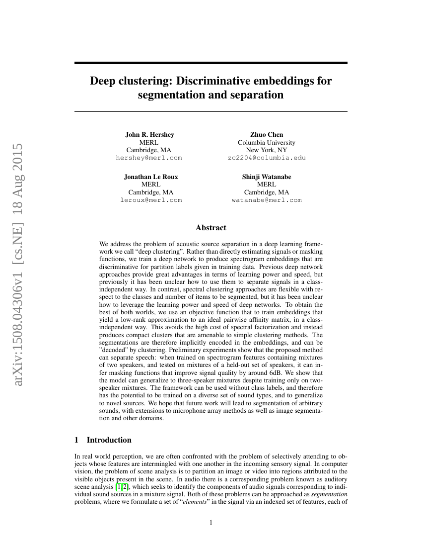 深度聚类:用于分割和分离的判别嵌入
