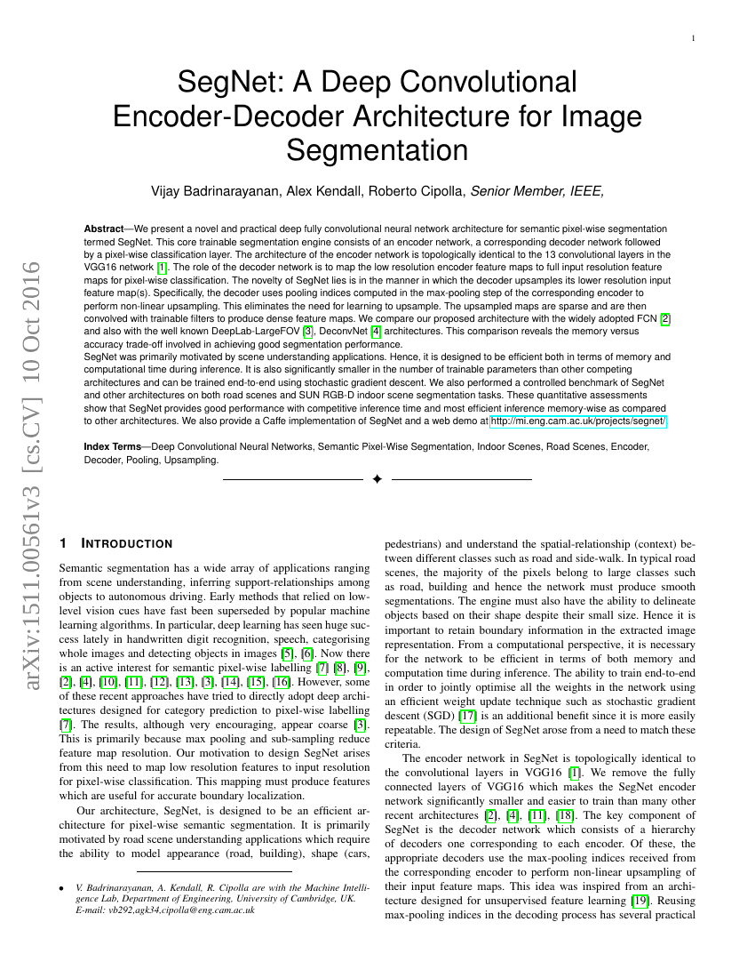 SegNet:一种用于图像分割的深度卷积编码器-解码器架构