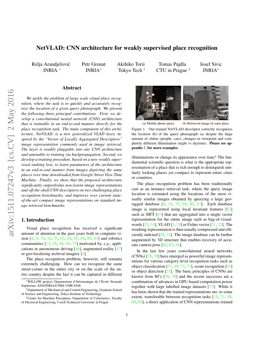 NetVLAD:用于弱监督场所识别的CNN架构