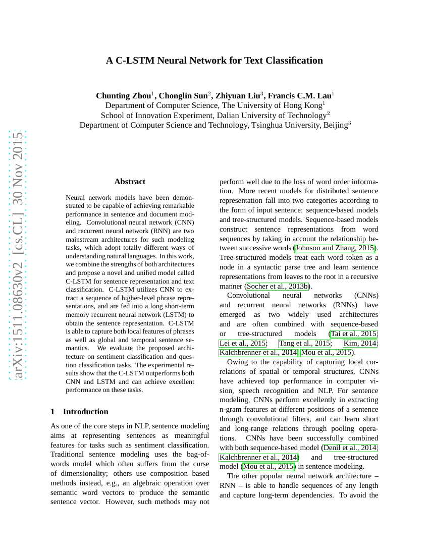 用于文本分类的C-LSTM神经网络