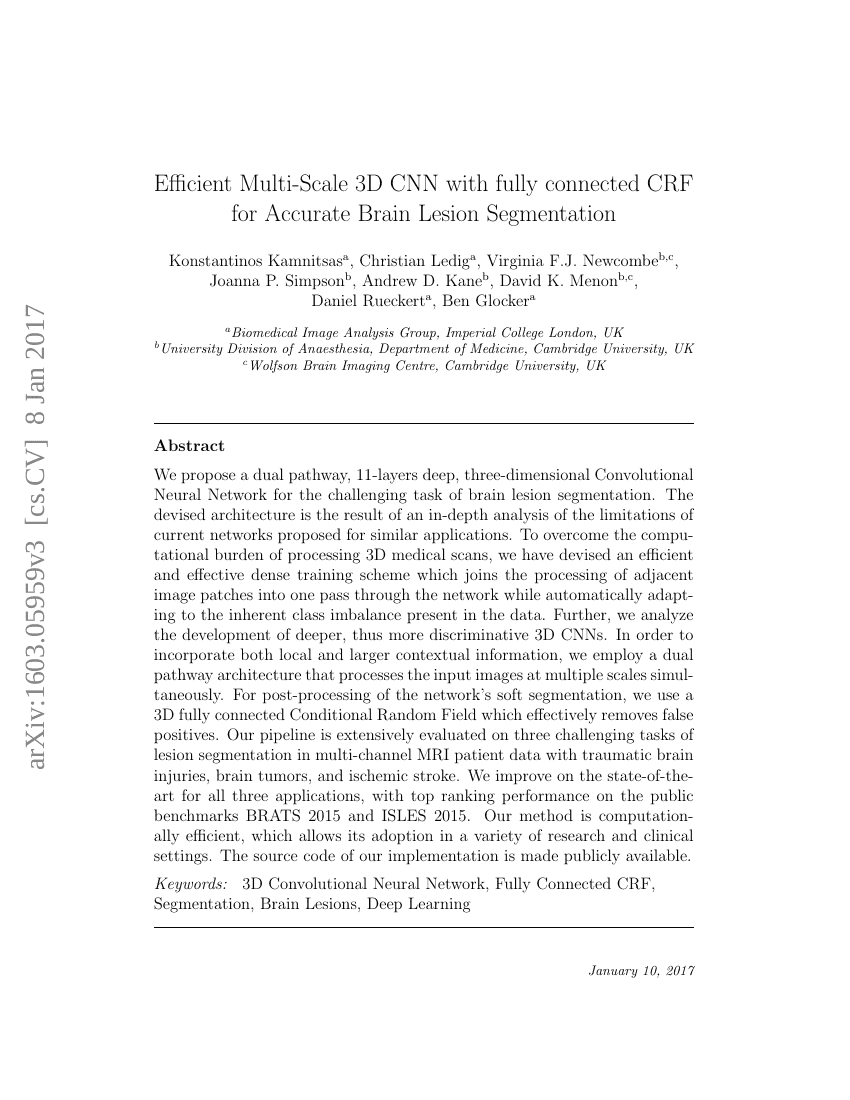 用于准确脑病变分割的高效多尺度3D CNN与全连接CRF