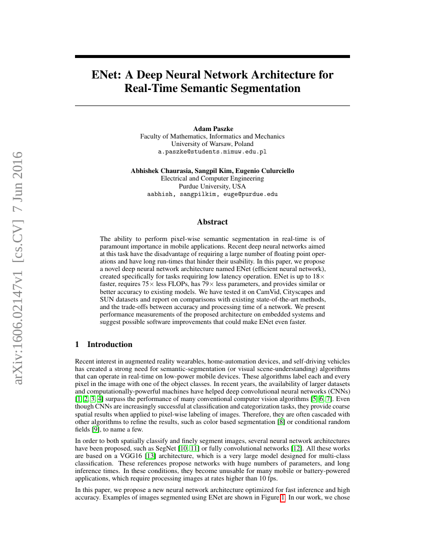 ENet:一种用于实时语义分割的深度神经网络架构