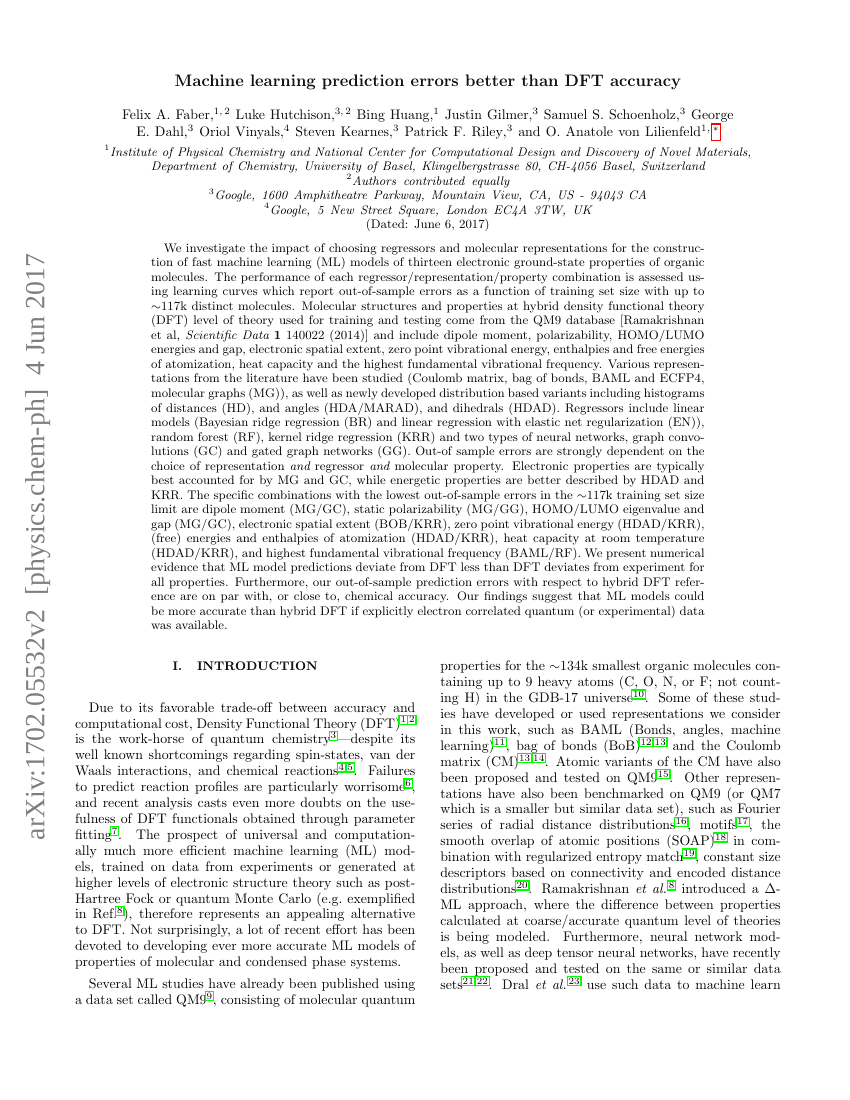 Machine learning prediction errors better than DFT accuracy