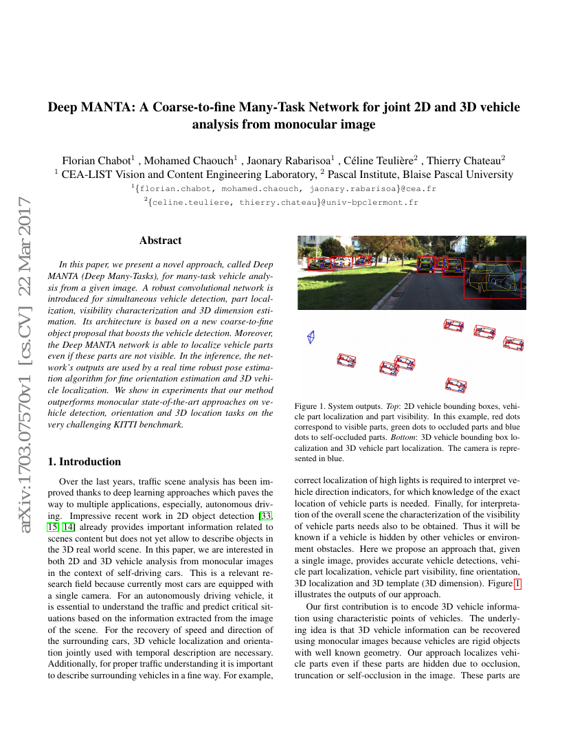 Deep MANTA:一种从单目图像进行联合2D和3D车辆分析的粗到精多任务网络
