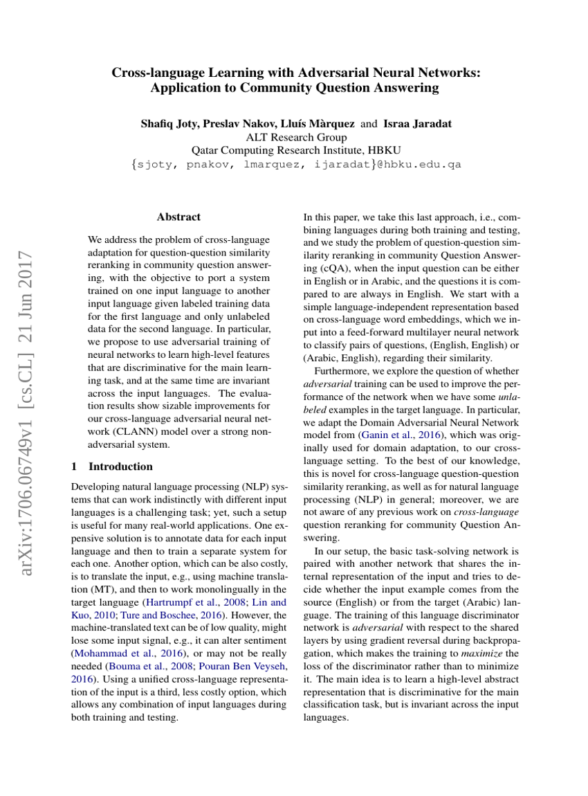 Cross-language Learning with Adversarial Neural Networks: Application to Community Question Answering