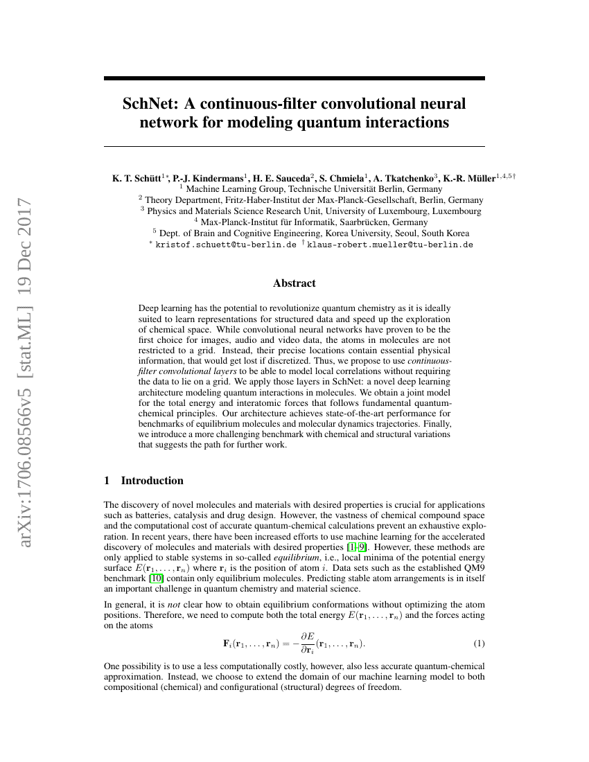 SchNet:一种用于建模量子相互作用的连续滤波卷积神经网络