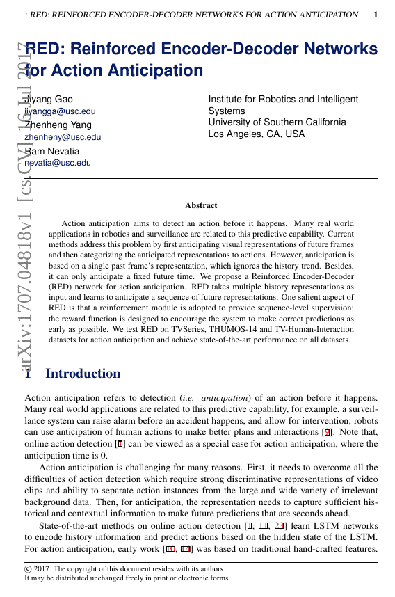 RED：强化编码器-解码器网络用于动作预测