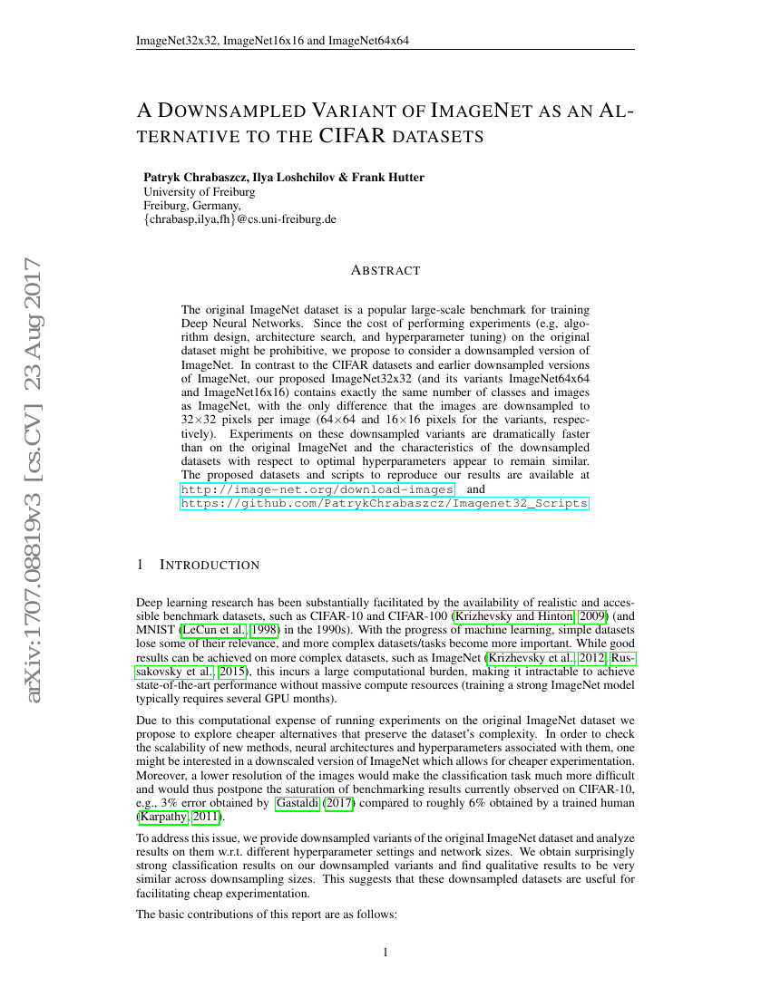 ImageNet 的降采样变体作为 CIFAR 数据集的替代方案