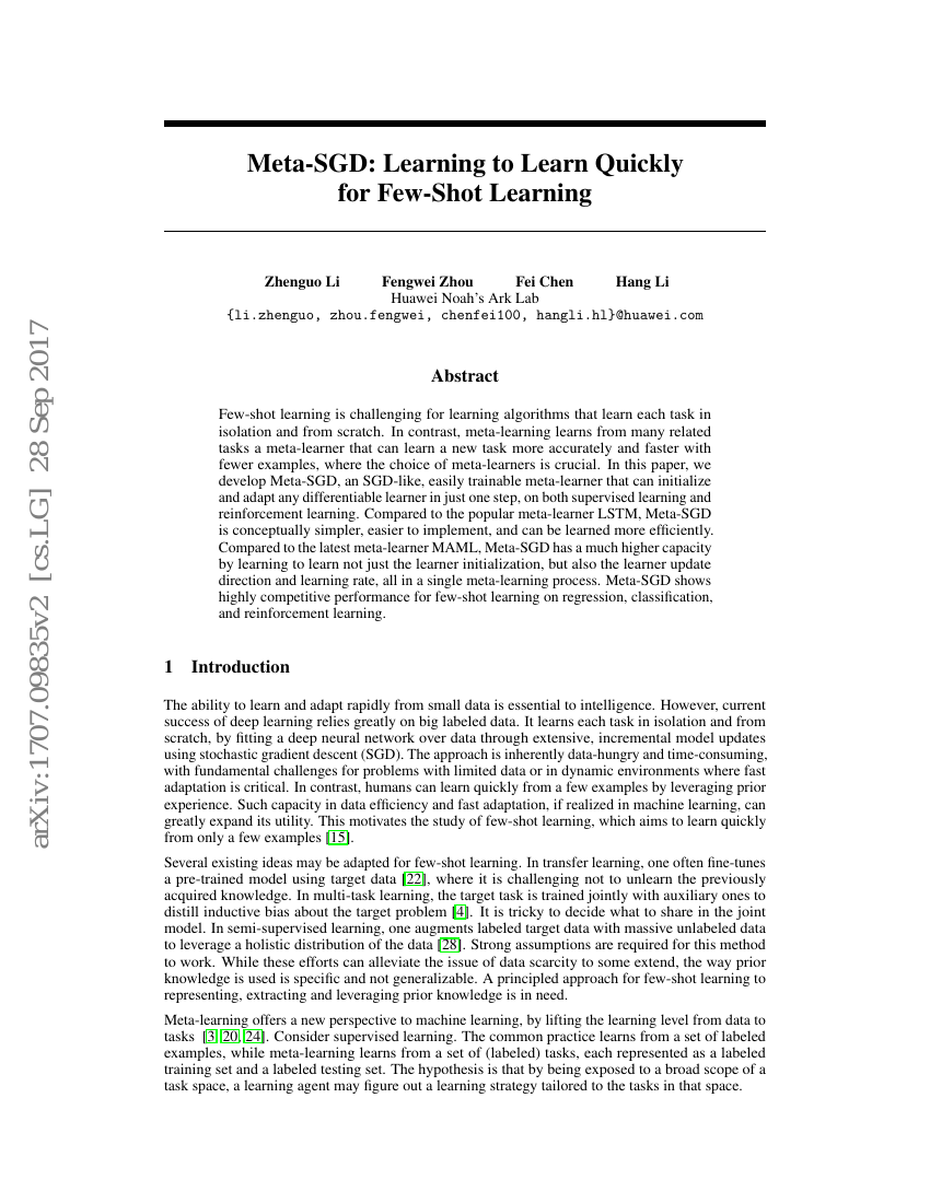 Meta-SGD:快速学习以适应少量样本学习