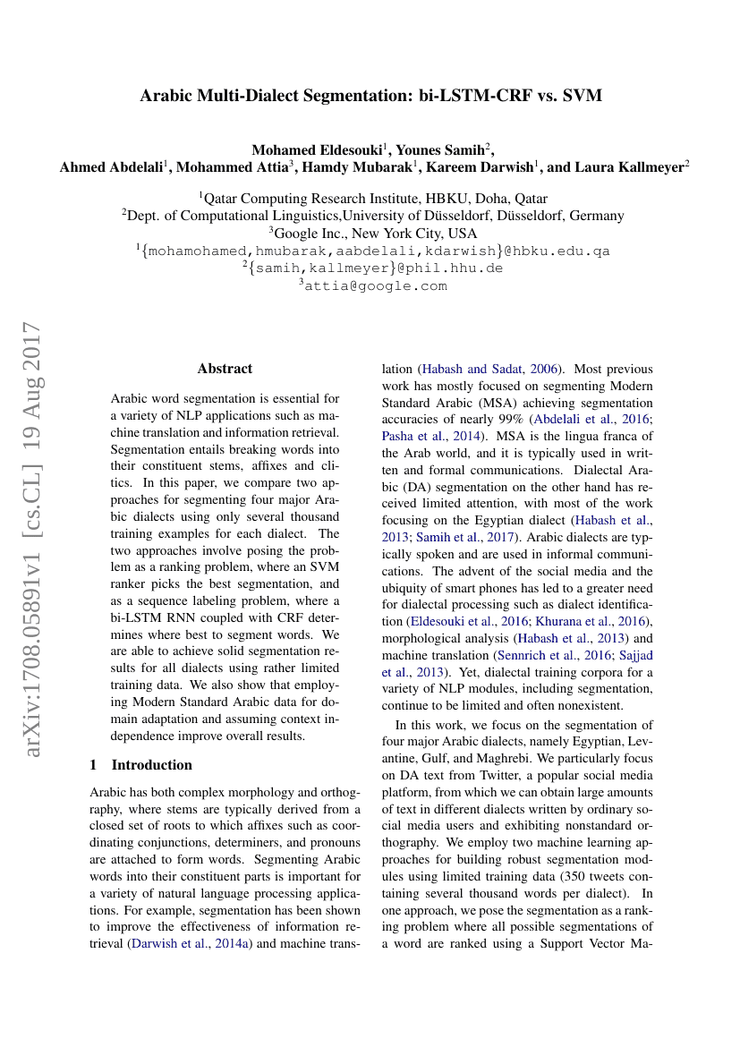 阿拉伯多方言分段:bi-LSTM-CRF 与 SVM 的对比研究