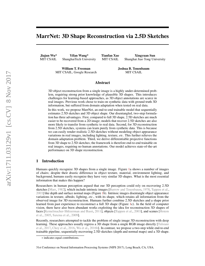 MarrNet:通过2.5D草图进行3D形状重建