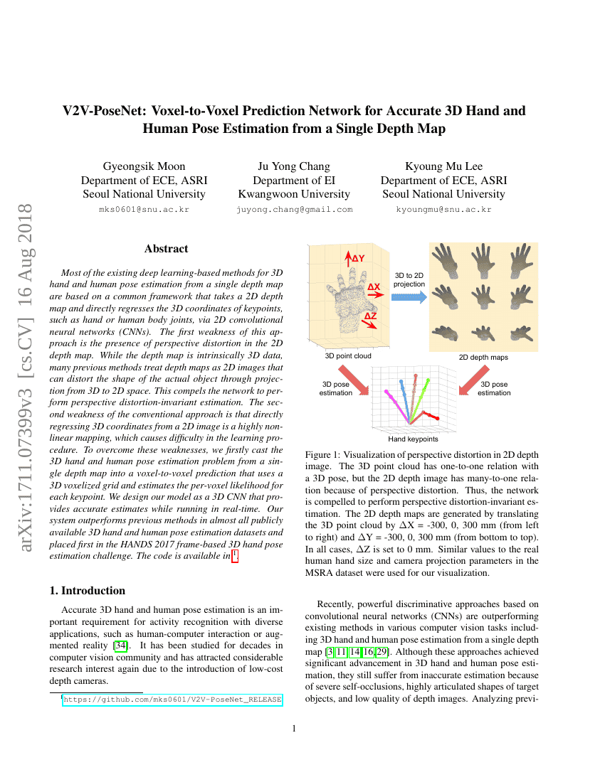 V2V-PoseNet:从单个深度图准确估计3D手部和人体姿态的体素到体素预测网络