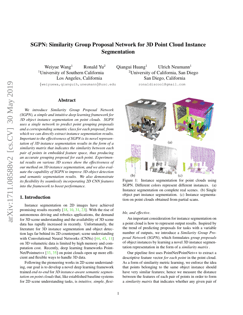 SGPN:用于3D点云实例分割的相似性组提议网络