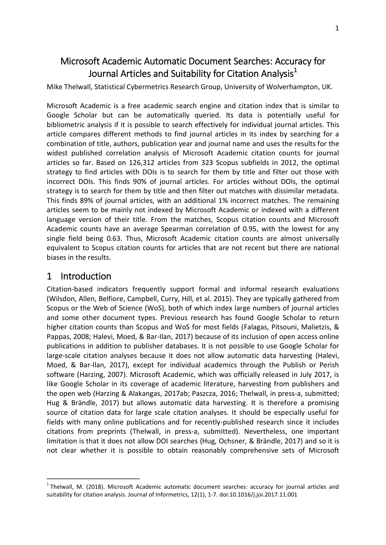 Microsoft Academic による自動文書検索:学術論文の精度および引用分析への適合性