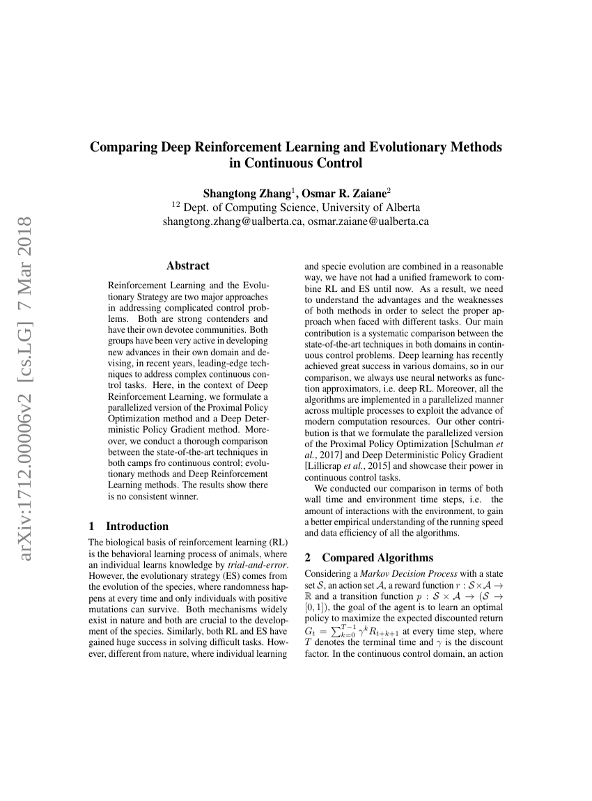Comparing Deep Reinforcement Learning and Evolutionary Methods in Continuous Control