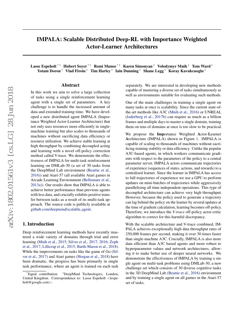 IMPALA:基于重要性加权行为者-学习者架构的可扩展分布式深度强化学习