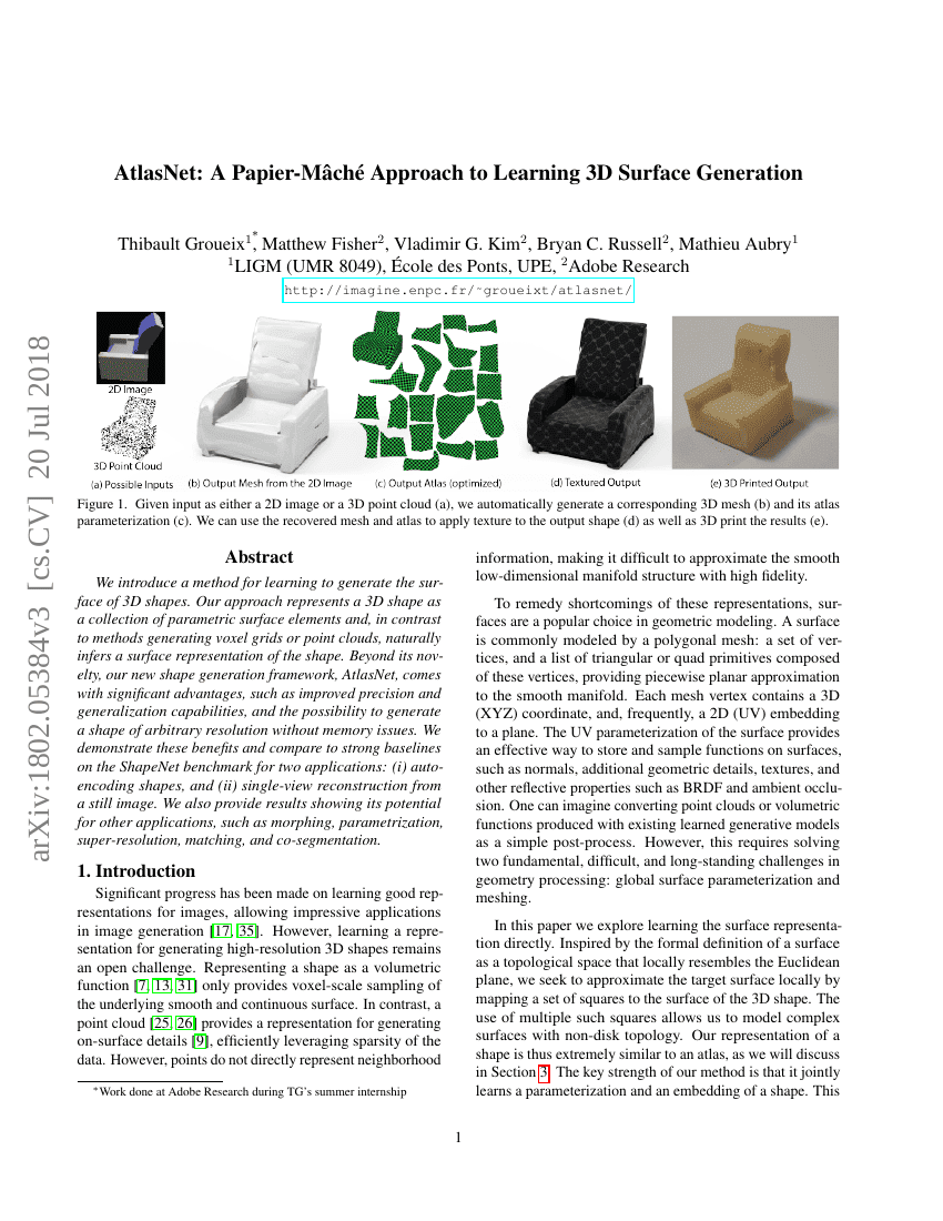AtlasNet:一种基于纸浆艺术的3D表面生成学习方法