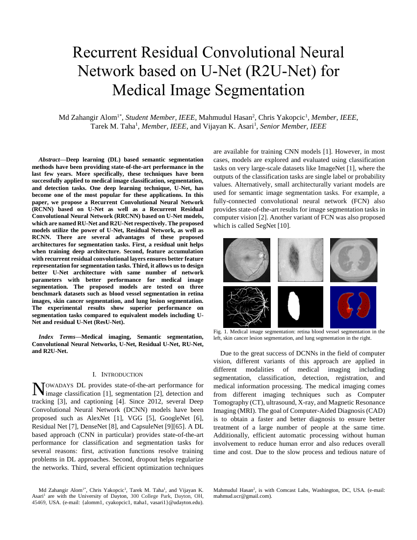 基于U-Net的递归残差卷积神经网络(R2U-Net)用于医学图像分割