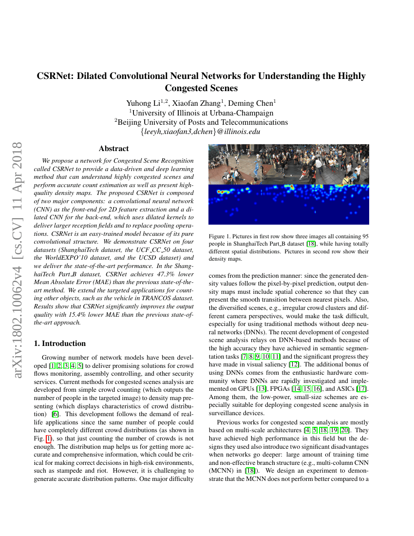 CSRNet:用于理解高密度场景的扩张卷积神经网络