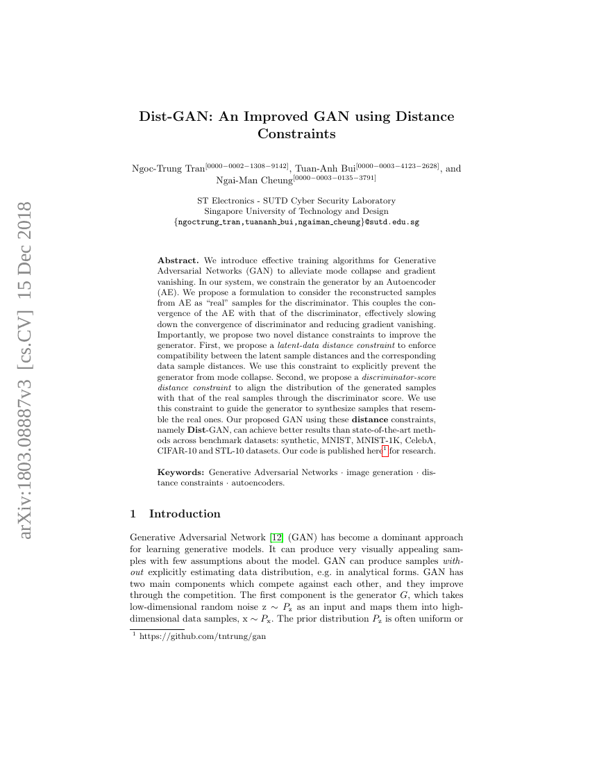 Dist-GAN:一种使用距离约束改进的GAN