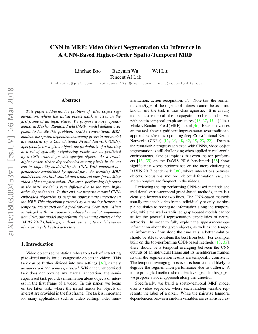 基于CNN的高阶时空MRF中的推理:视频对象分割方法