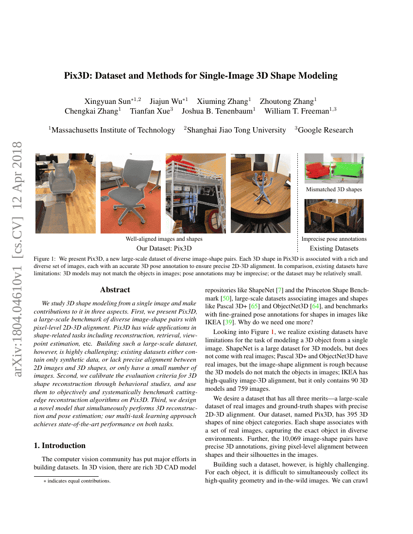 Pix3D:单图像三维形状建模的数据集和方法