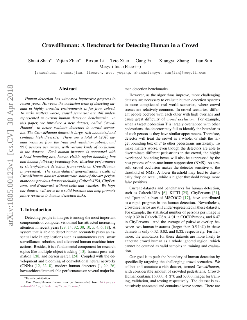 CrowdHuman:人群中的行人检测基准