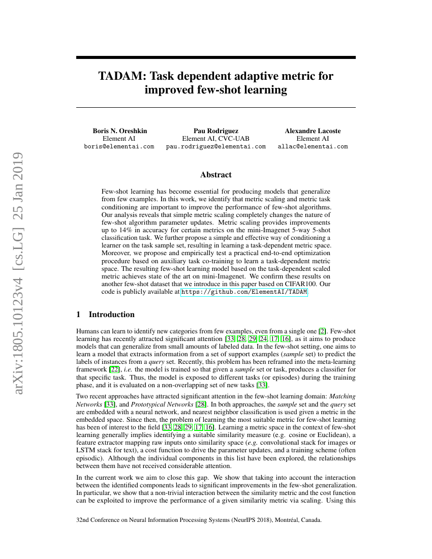 TADAM:任务依赖的自适应度量以改进少样本学习