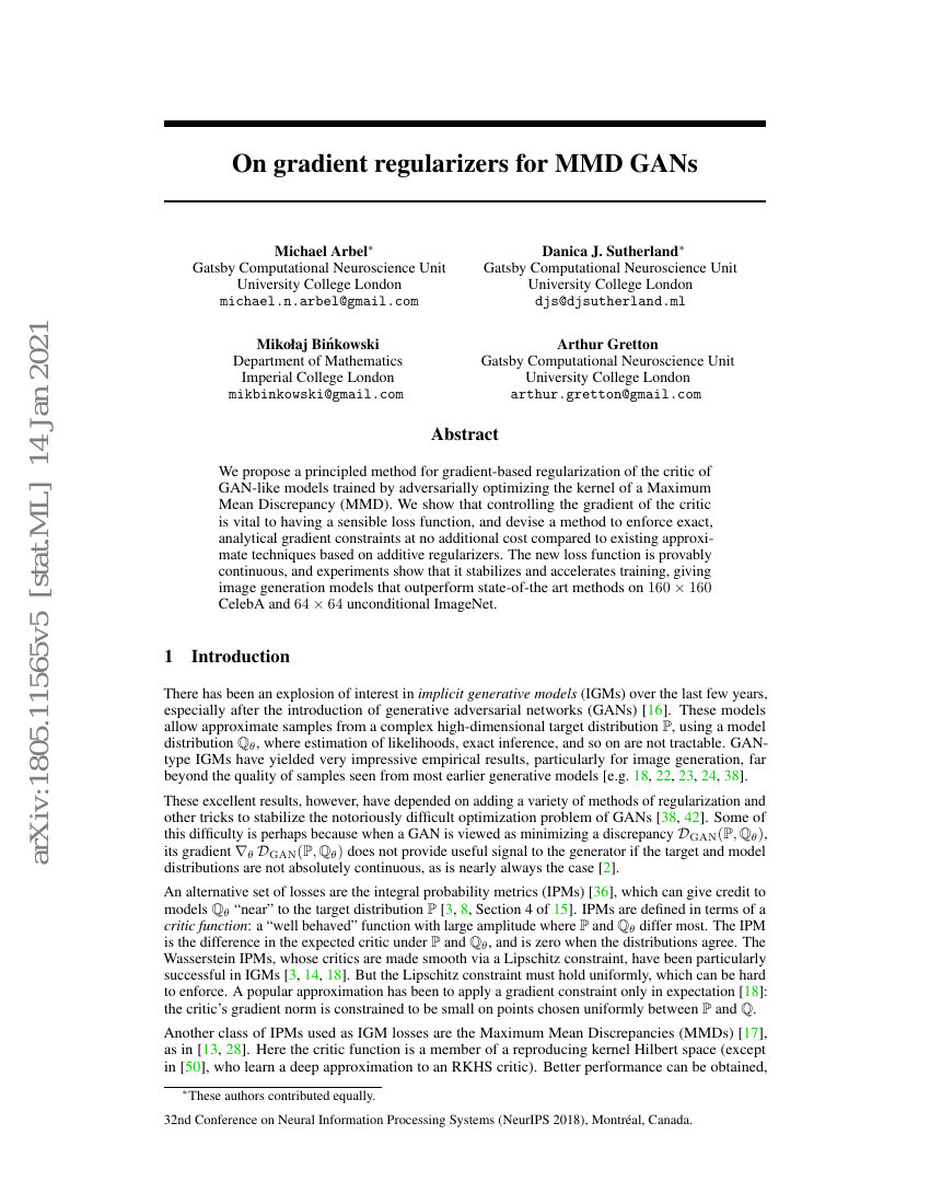 关于MMD GANs的梯度正则化器