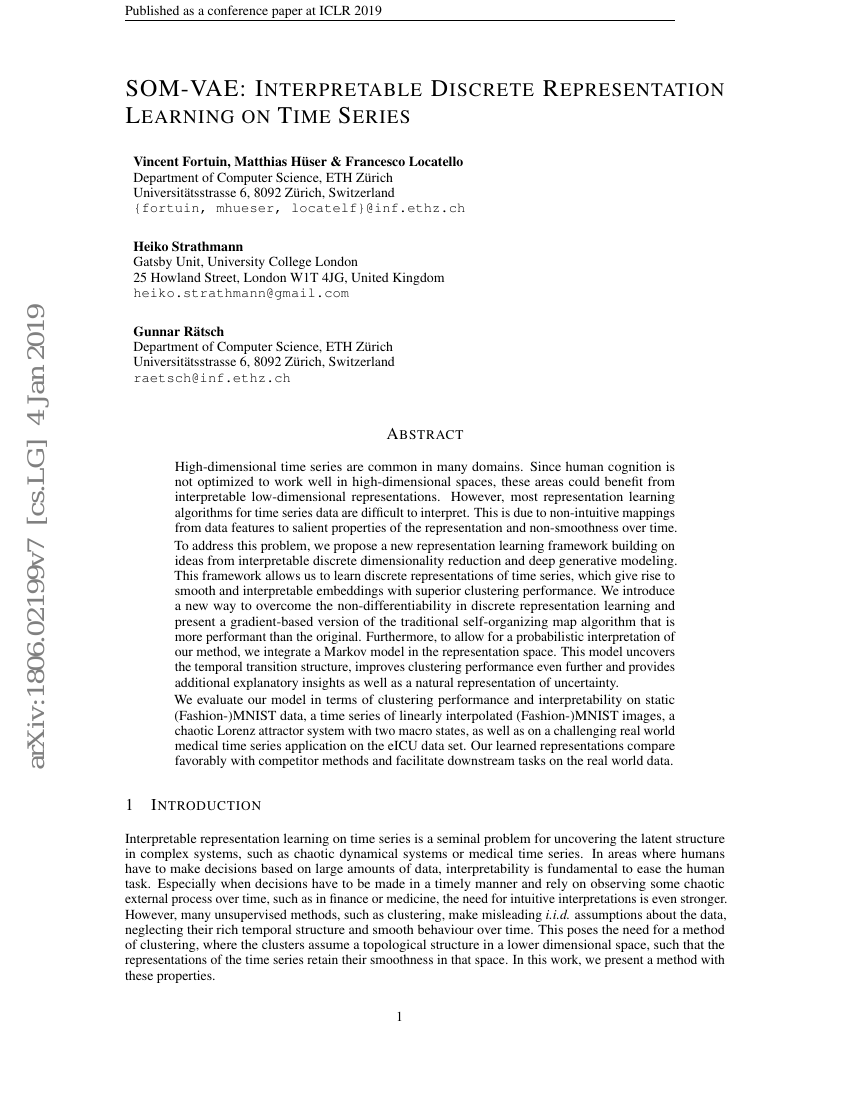 SOM-VAE:时间序列上的可解释离散表示学习