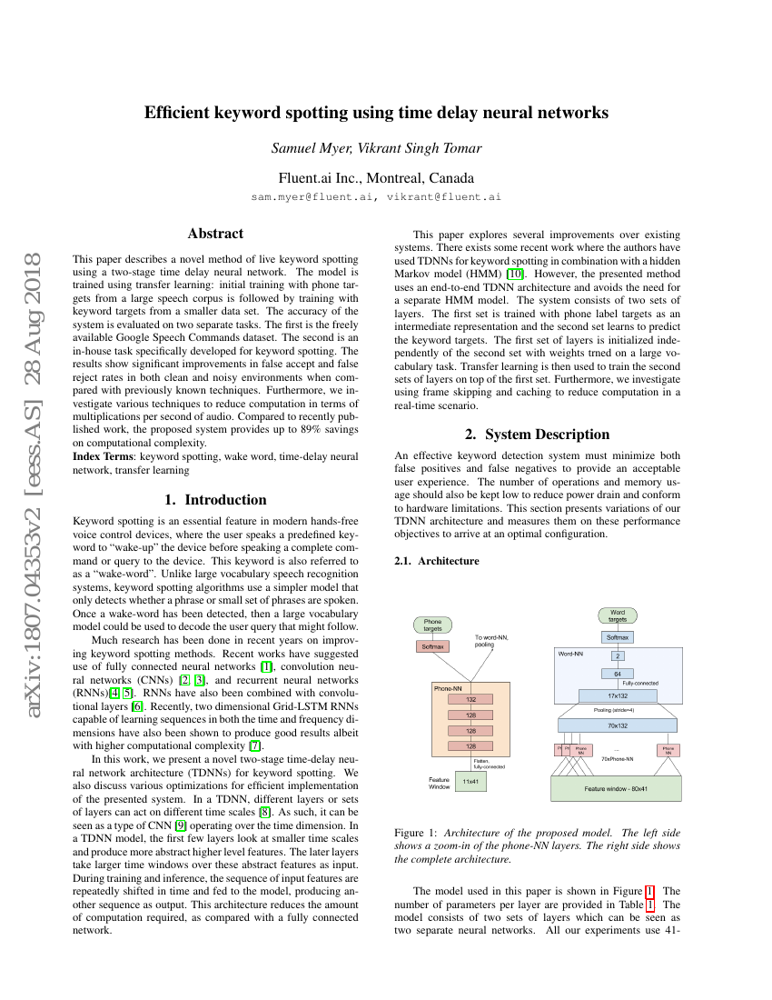 使用时延神经网络实现高效的关键词检测