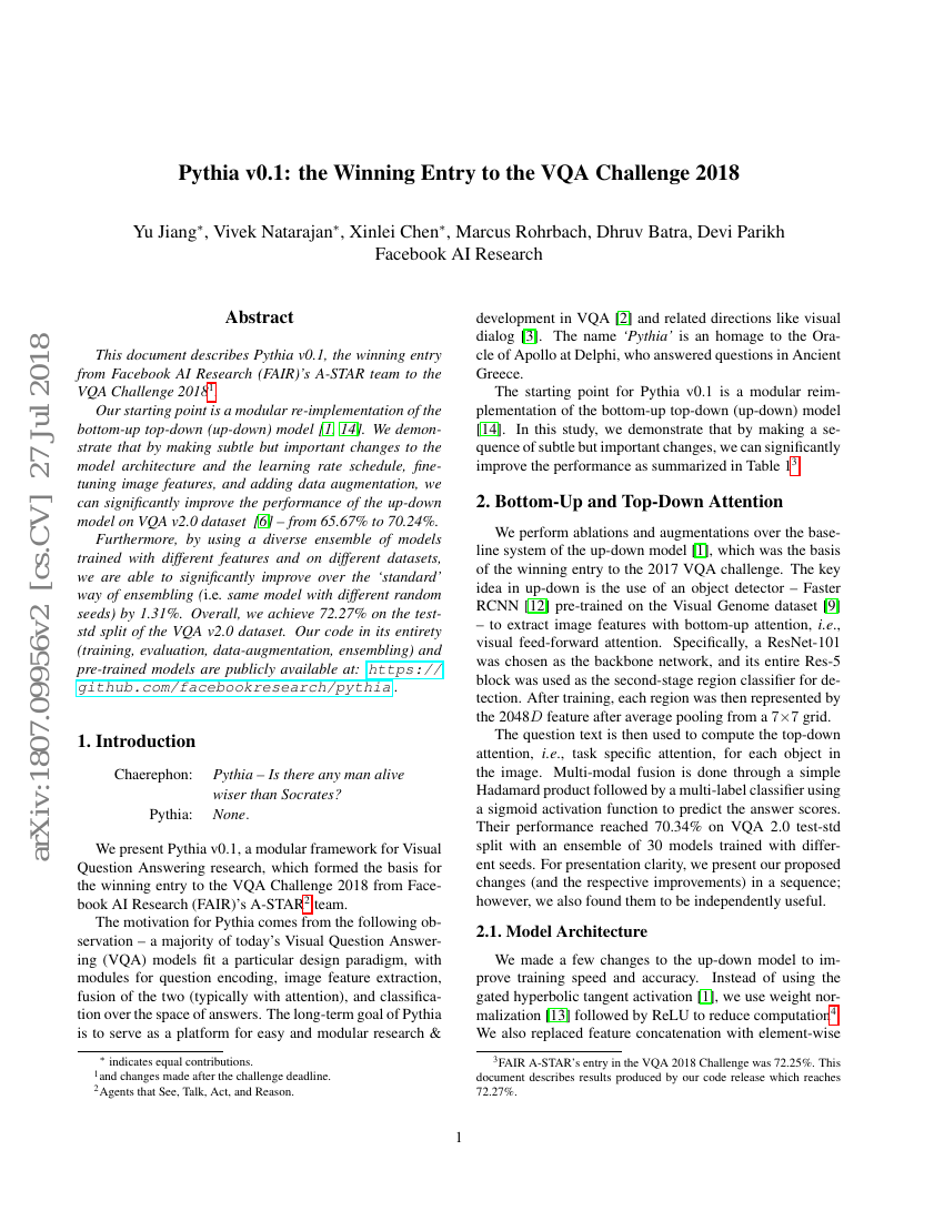 Pythia v0.1:2018年VQA挑战赛的获胜作品