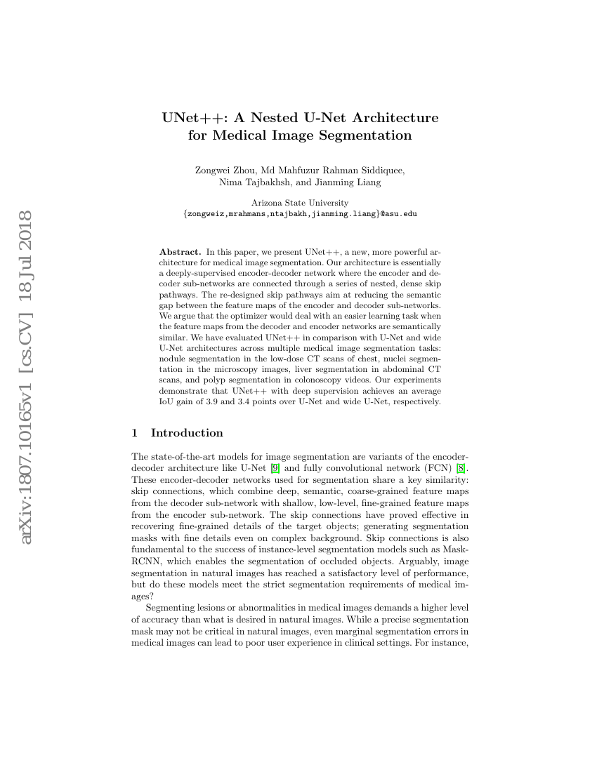 UNet++:一种用于医学图像分割的嵌套U-Net架构