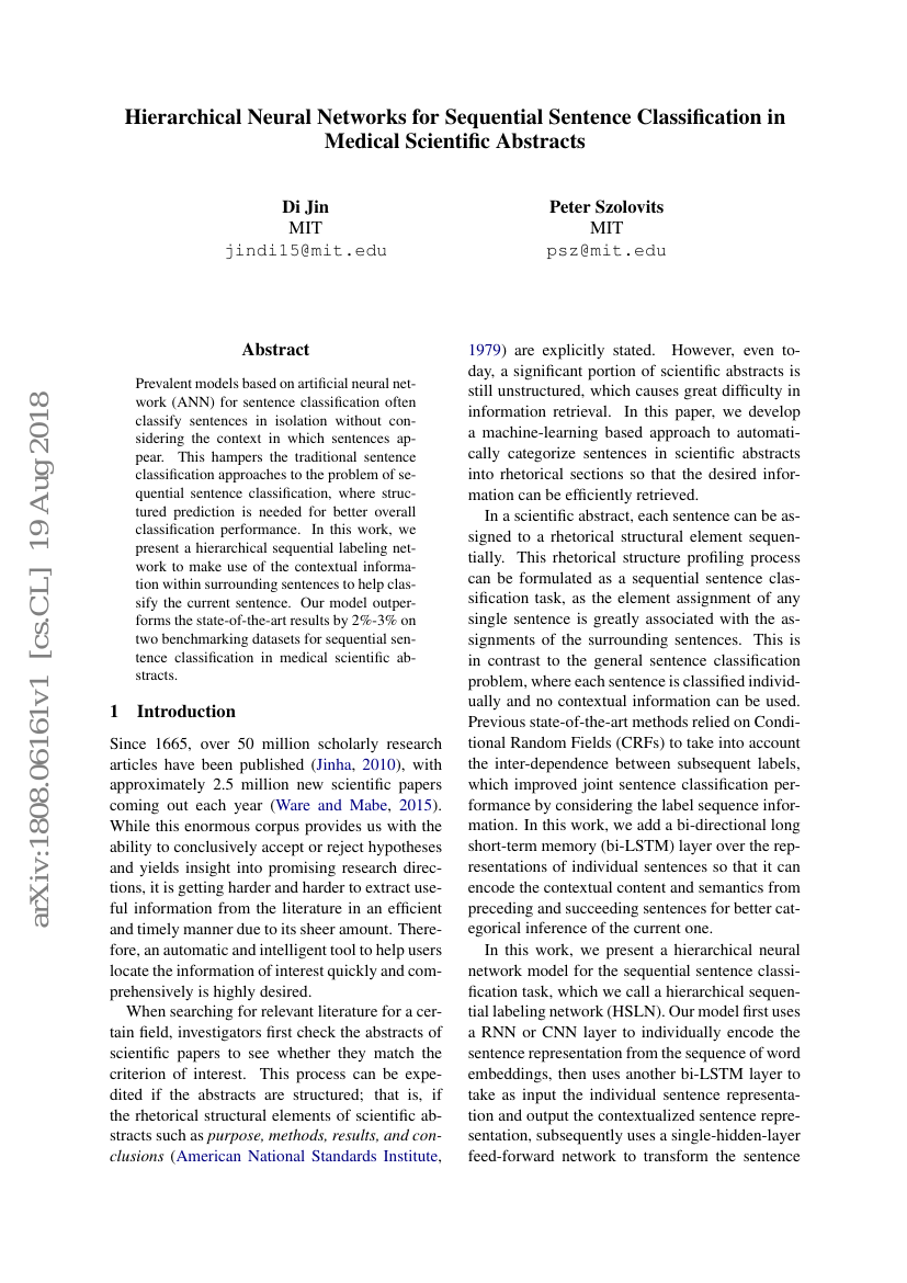 层次神经网络在医学科学文摘中用于序列句子分类
