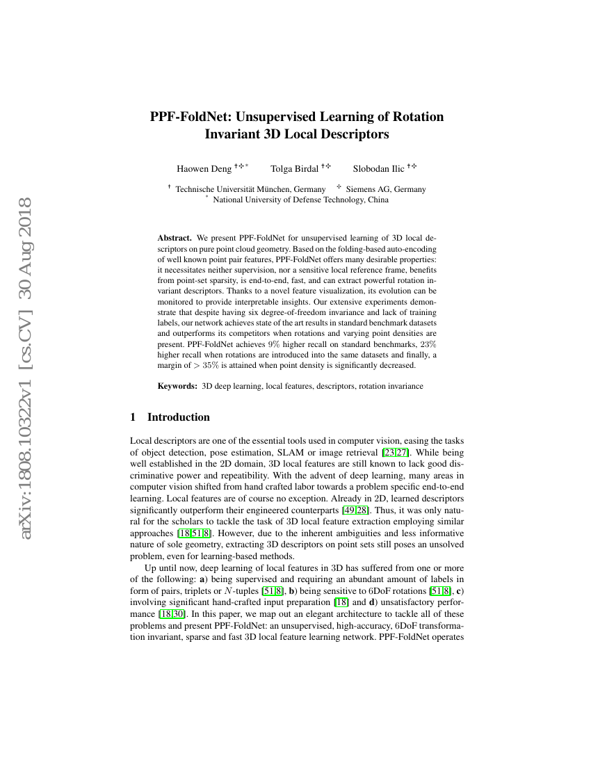 PPF-FoldNet:无监督学习旋转不变的三维局部描述符