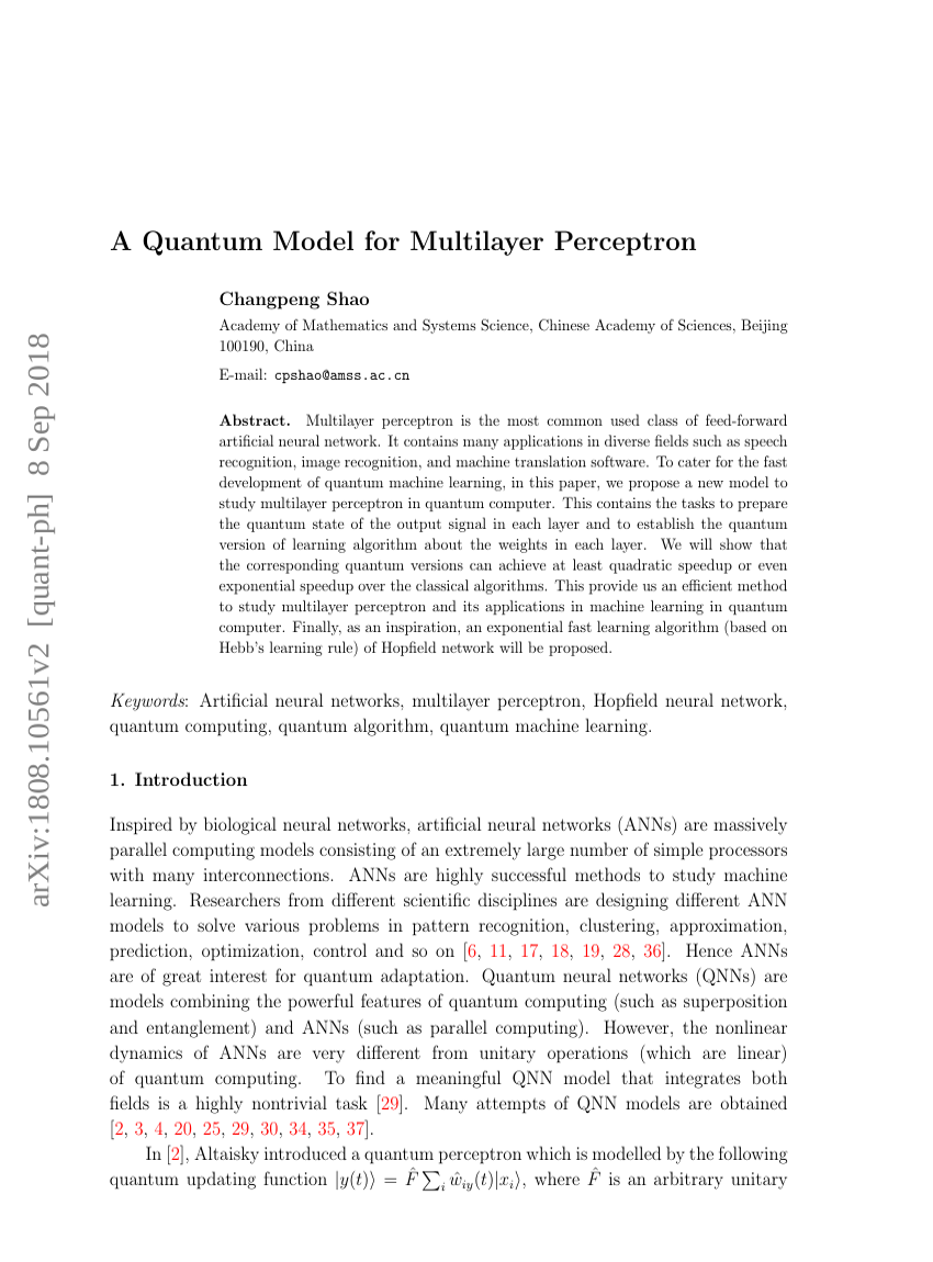 A Quantum Model for Multilayer Perceptron