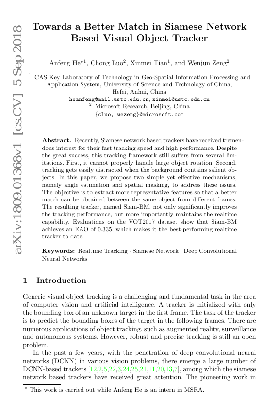 面向更优匹配的基于暹罗网络的视觉目标跟踪器