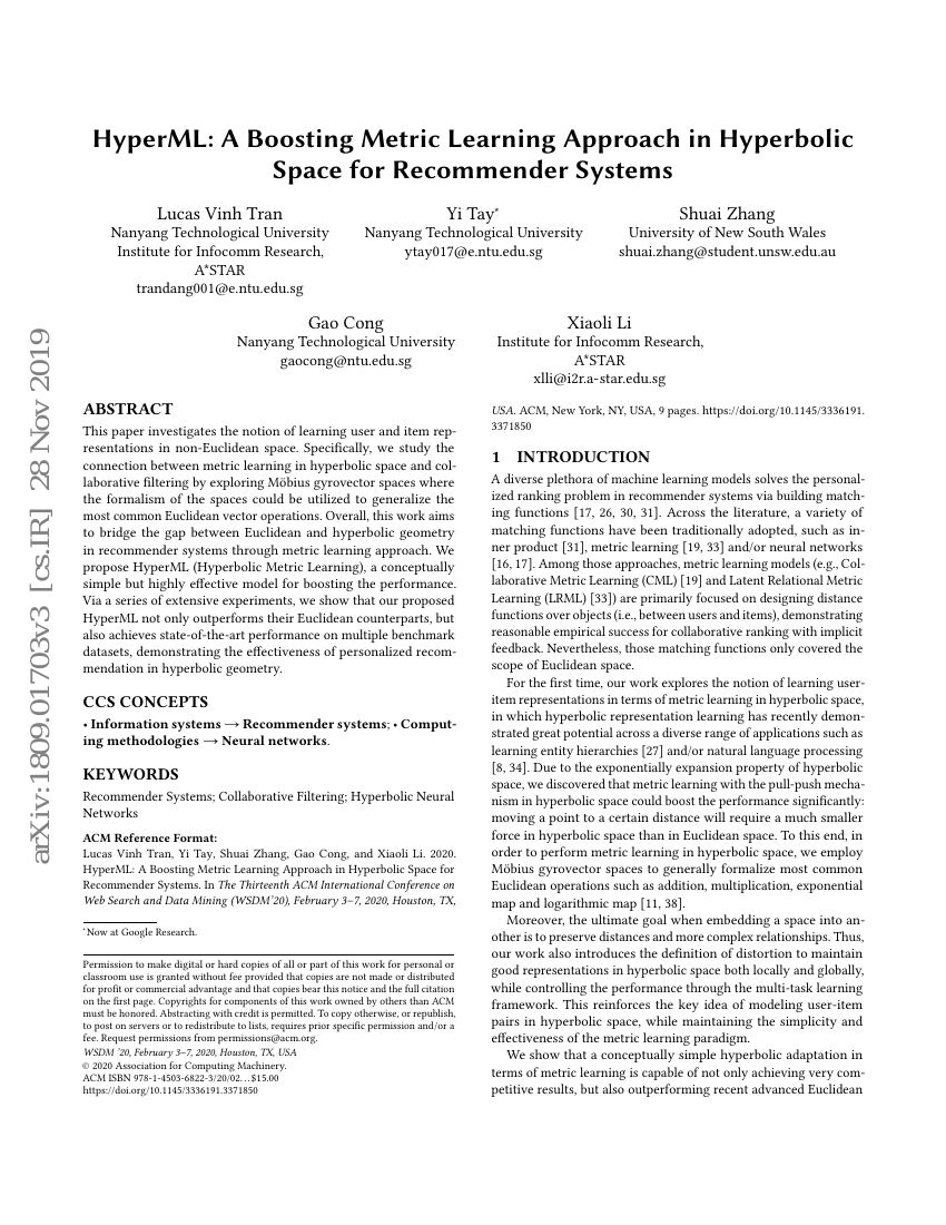 HyperML:一种用于推荐系统的双曲空间提升度量学习方法
