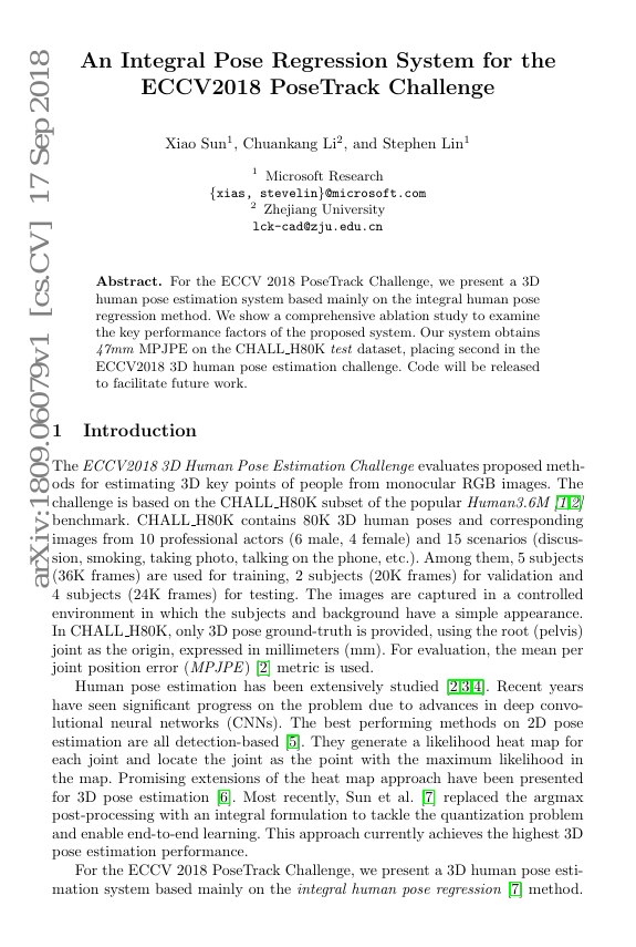 ECCV2018 PoseTrack挑战赛中的积分姿态回归系统