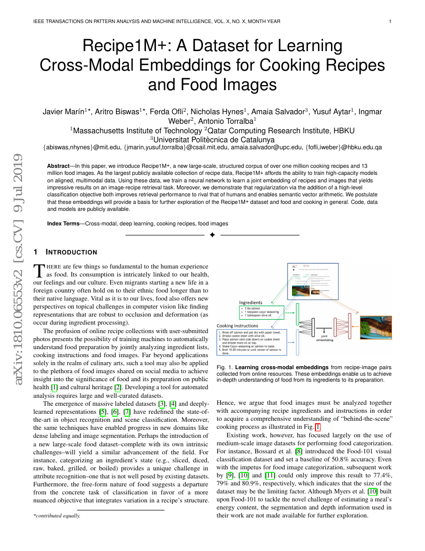Recipe1M+: 用于学习烹饪食谱和食物图像跨模态嵌入的数据集