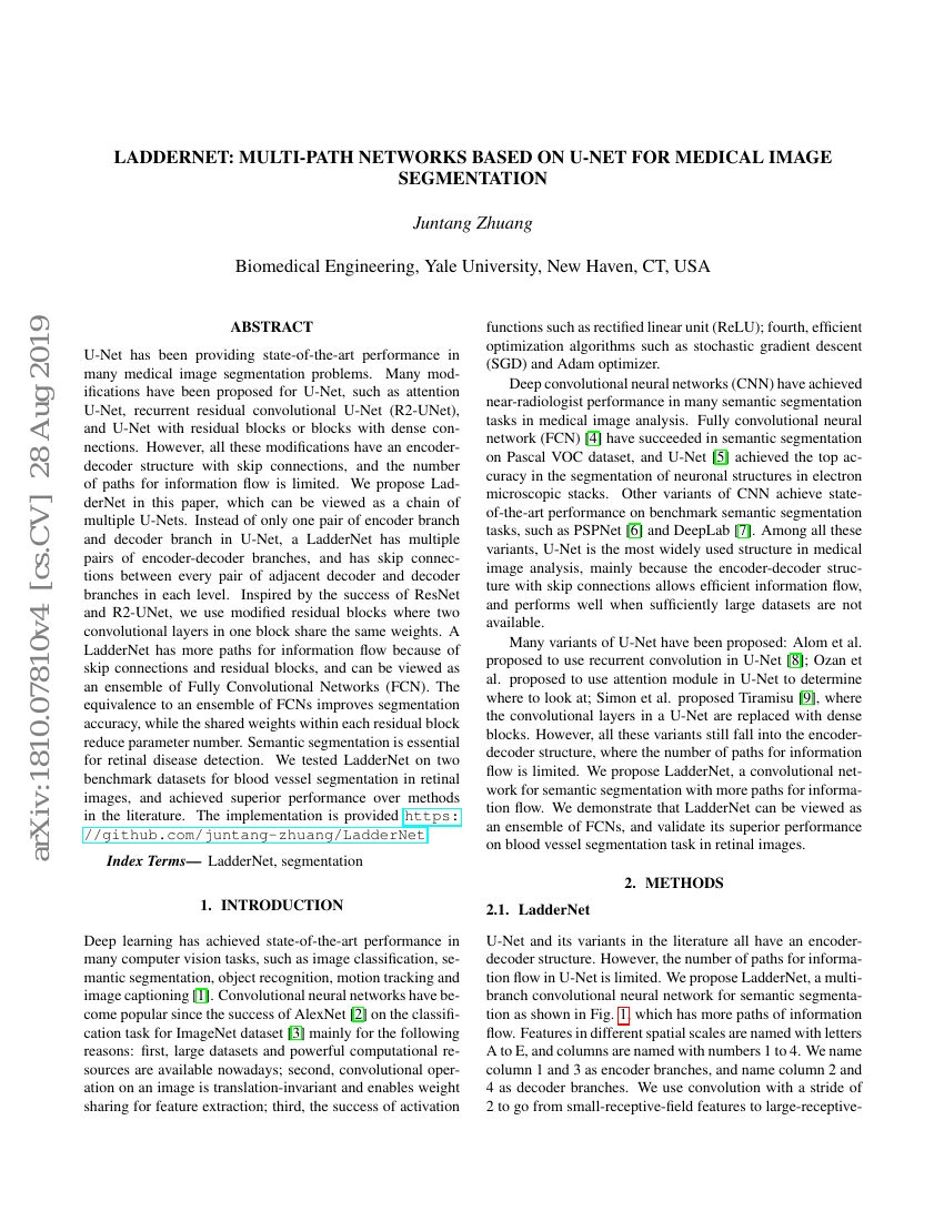 LadderNet:基于U-Net的多路径网络用于医学图像分割